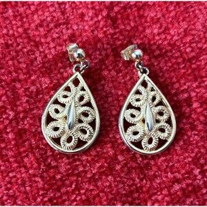 Vintage SHP Signed Goldtone Teardrop w Curlicue Dangle Post Earrings Pierced Ear